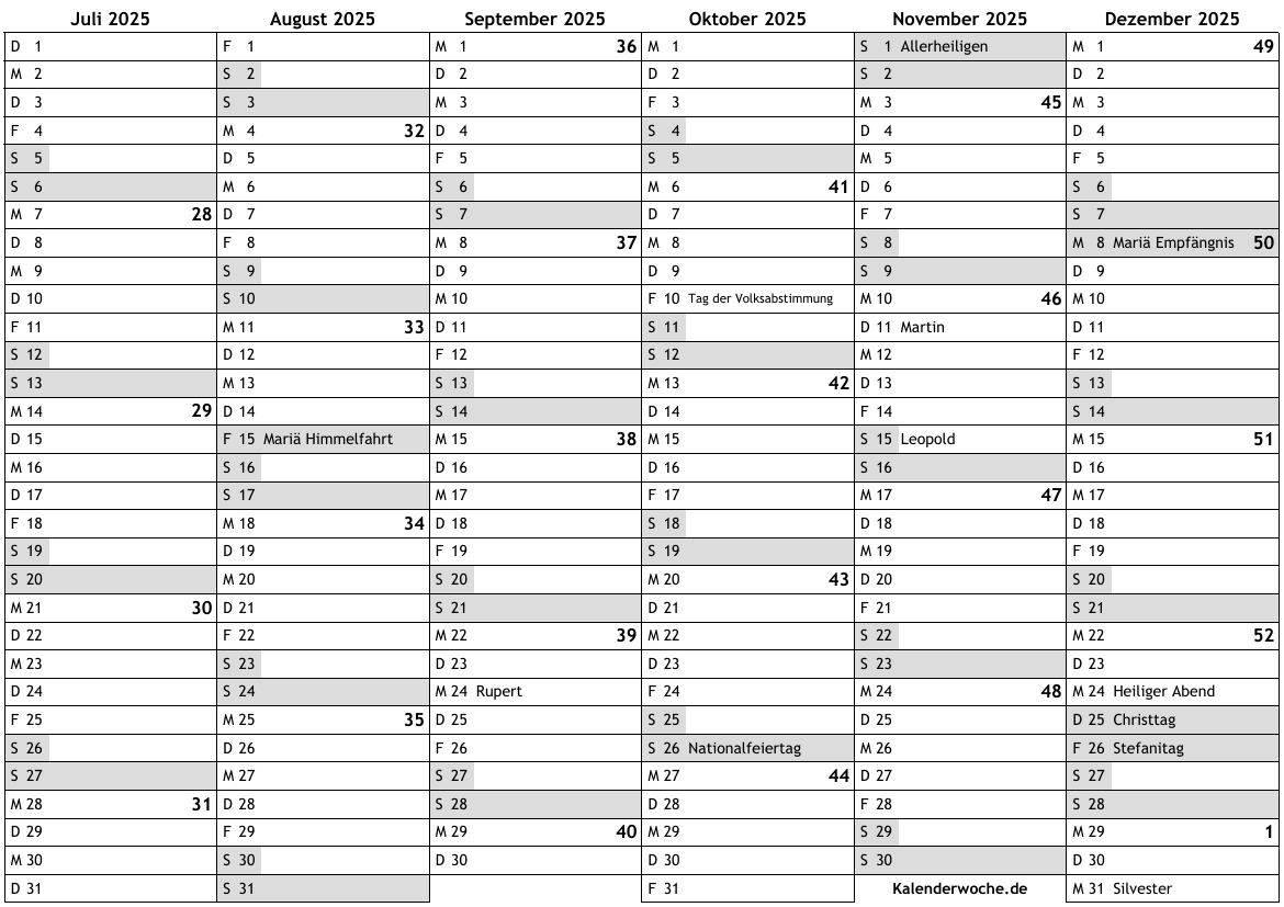 Kalender 2025 2. Hälfte