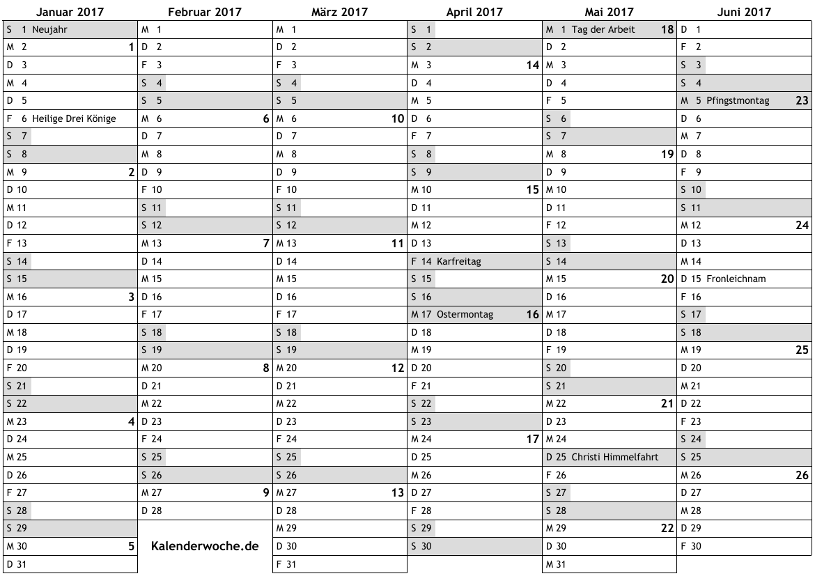 Kalender 2017 mit Kalenderwochen und Feiertagen in Deutschland … online