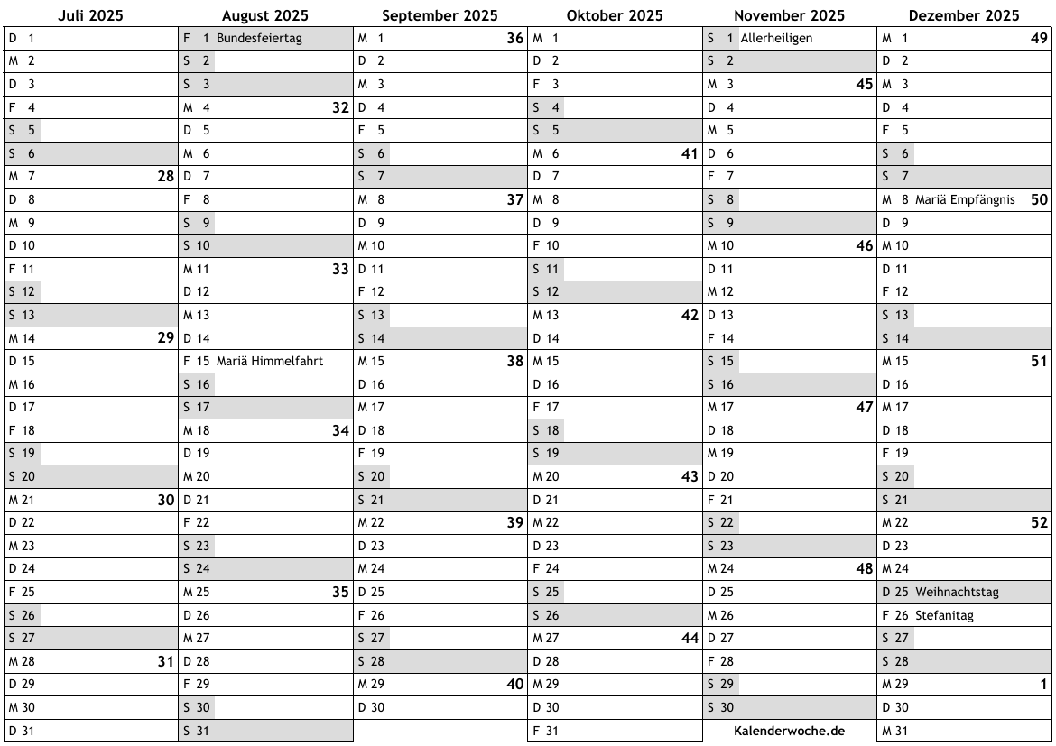 Kalender 2025 2. Hälfte