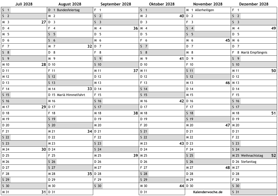 Kalender 2028 2. Hälfte Kalender 2028 2. Hälfte